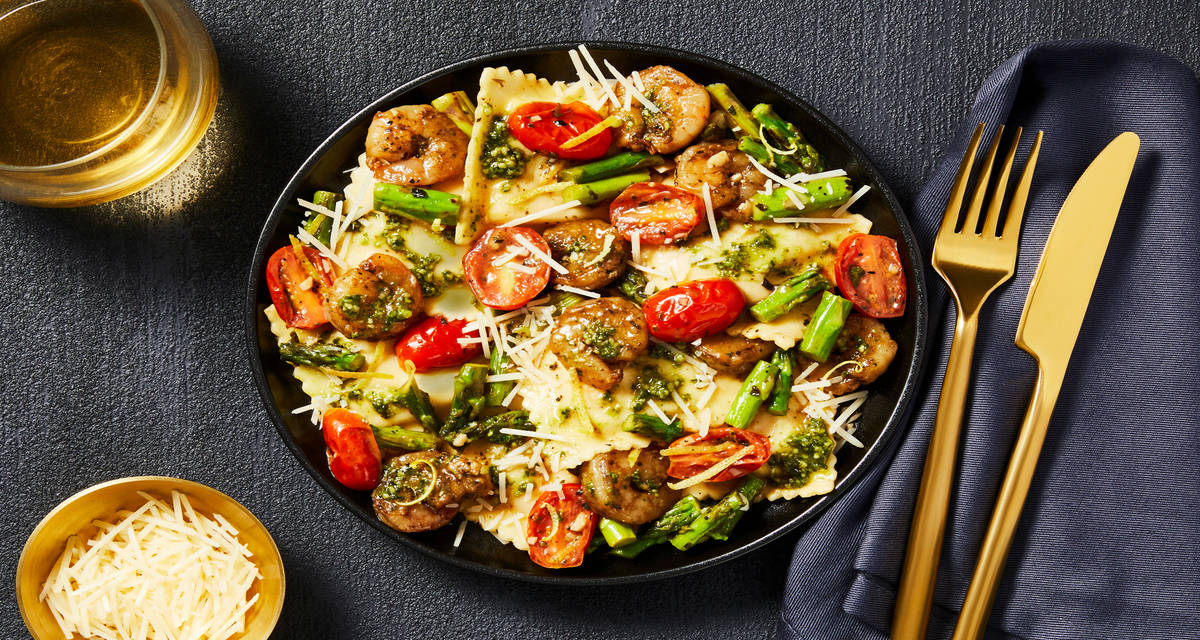 Pesto Shrimp & Spinach Ricotta Ravioli with Lemony Asparagus & Grape Tomatoes