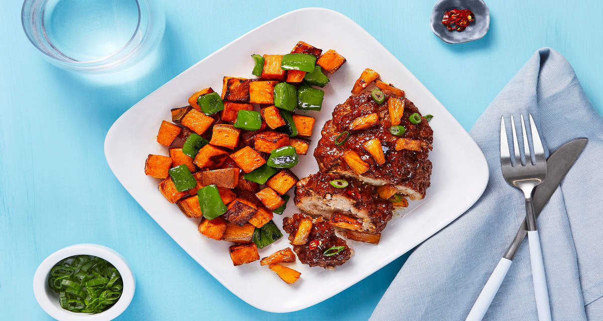 Pineappley Pork Meatloaves with a Sweet Potato & Bell Pepper Jumble