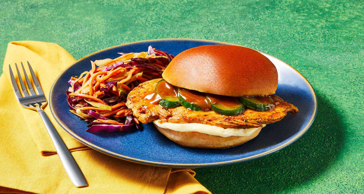 Ponzu Peanut Palooza Chicken Sandos with Slaw & Pickled Cucumber