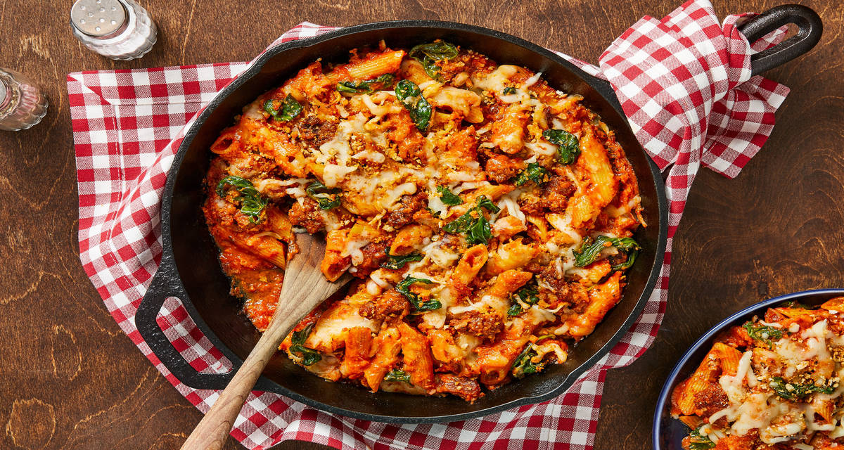 Saucy Pork & Penne Casserole with Mozzarella Cheese & Spinach