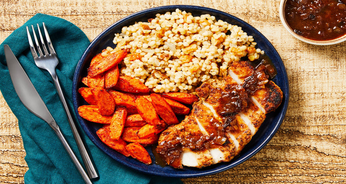 Beef Tenderloin with Cranberry Pan Sauce plus Spiced Roasted Carrots & Walnut-Raisin Couscous