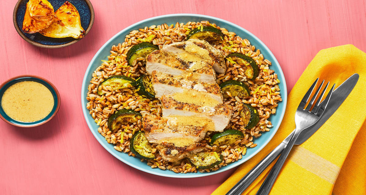 Pork Chops with Creamy Lemon Pan Sauce over Roasted Zucchini Farro