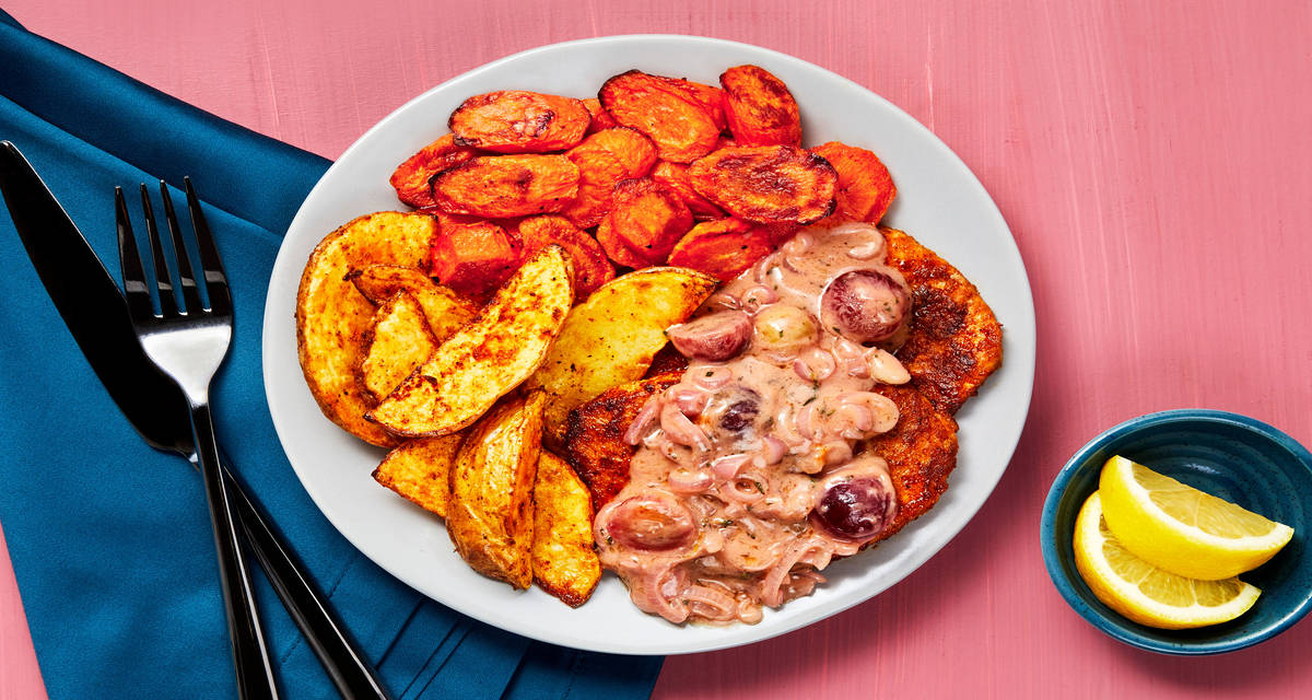 Pork Cutlets in Grape & Thyme Pan Sauce with Roasted Carrots & Potato Wedges