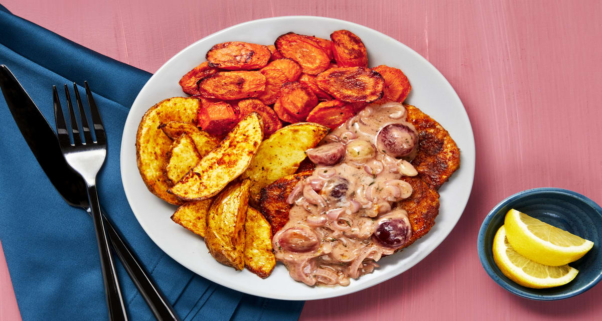 Pork Cutlets in Grape & Thyme Pan Sauce with Roasted Carrots & Potato Wedges-image