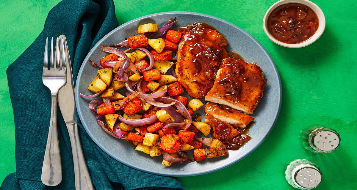 Pork Cutlets with a Cranberry Pan Sauce and Rosemary-Roasted Root Veggies