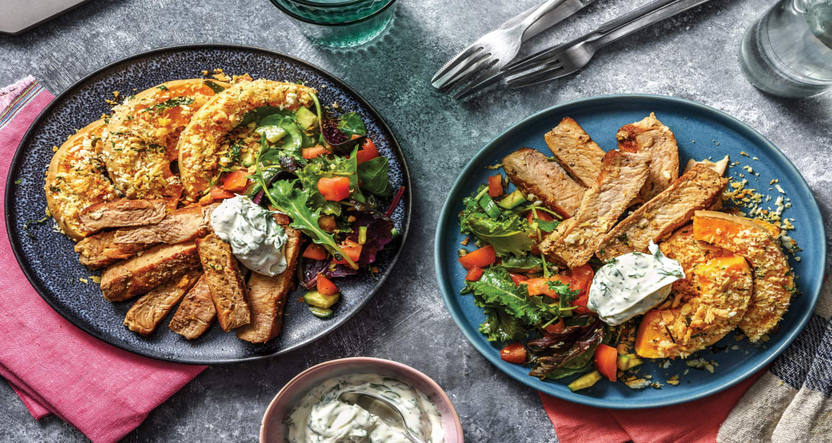 Pork Loin & Crumbed Pumpkin Wedges with Salad & Dill-Parsley Mayo-image