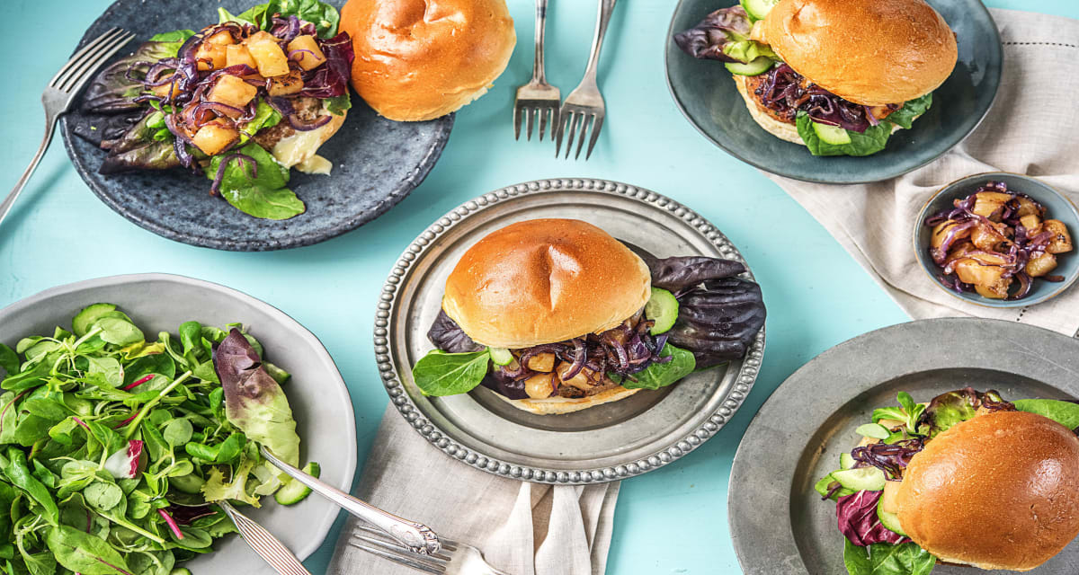Pork Luau Burgers with Pineapple Relish and Green Salad-image