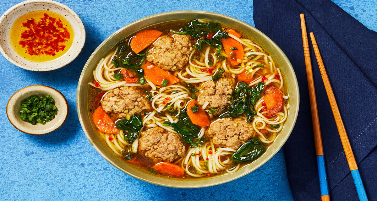 Pork Meatball Ramen with Spinach, Carrots & Garlic Chili Oil