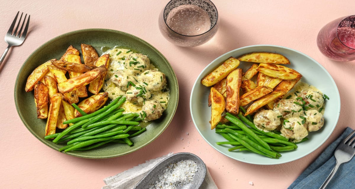 Pork Meatballs in Creamy Chive Sauce with Chips and Green Beans-image