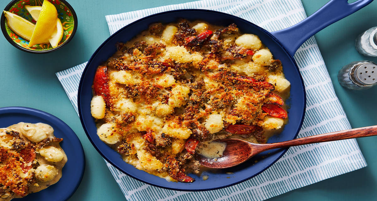 Pork Sausage Gnocchi Bake with Roasted Tomatoes & a Crispy Panko Topping