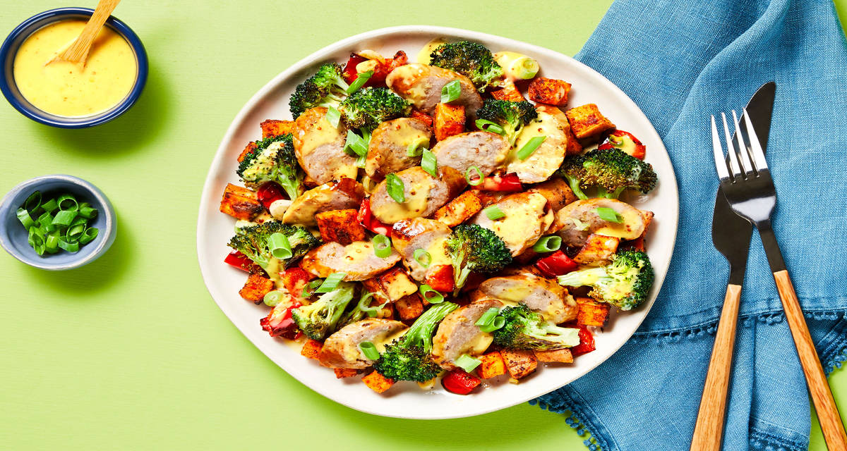 Pork Sausage over Roasted Veggie Jumble with Honey Dijon Dressing