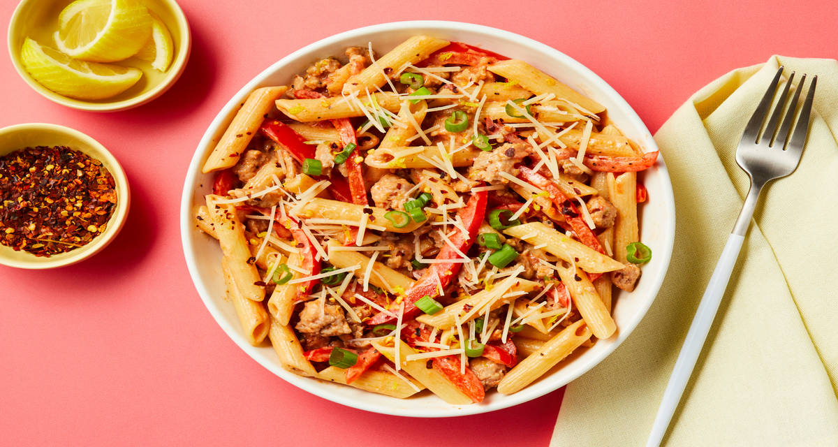 Turkey Penne in a Creamy Sauce with Bell Pepper & Lemon