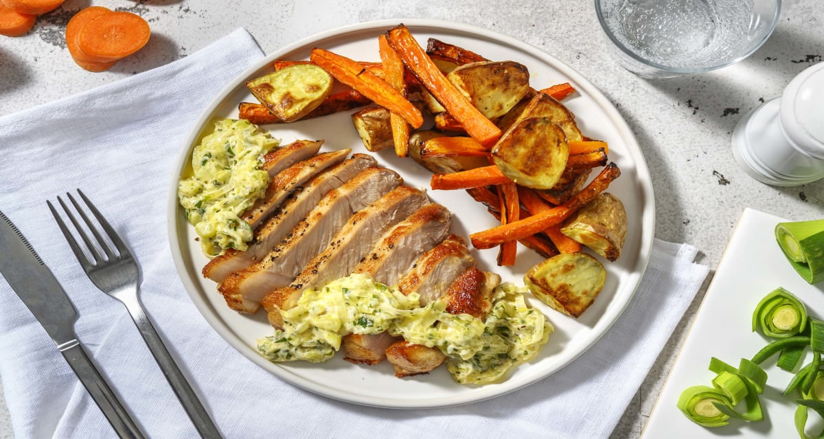 Pan-Fried Pork Steak with Roasted Root Veg and Creamy Tarragon Sauce-image