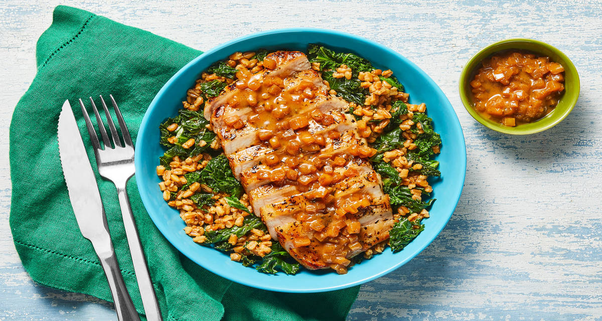 Pork with Apple Dijon Pan Sauce with Farro & Wilted Kale