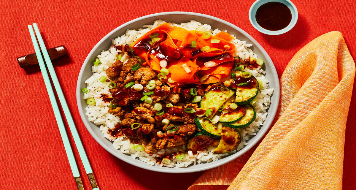 Pork & Zucchini Bibimbap with Carrots & Pickled Scallions