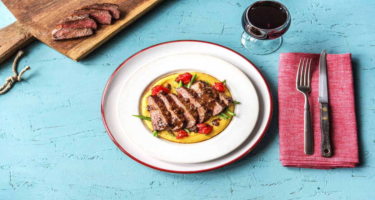 NY Strip Steak with Balsamic Reduction over Polenta, Blistered Tomatoes, and Green Beans-image