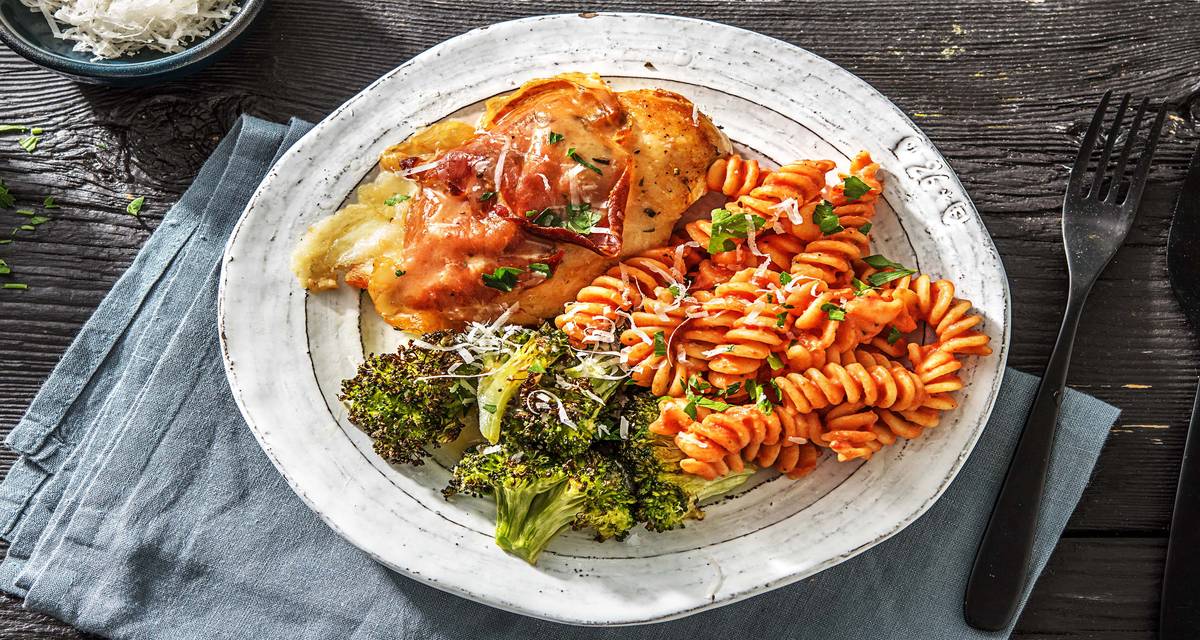 Prosciutto-Topped Chicken with Broccoli and Fusilli Pasta