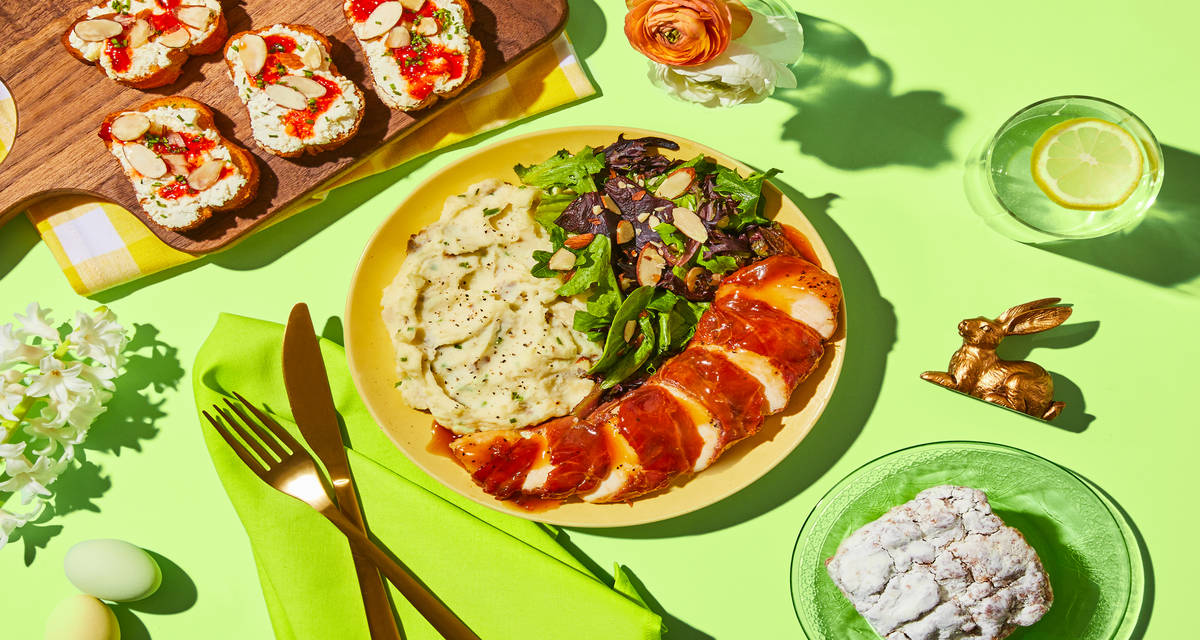 Prosciutto-Wrapped Apricot Chicken plus Lemony Ricotta Crostini, Mashed Potatoes, Salad & Cinnamon Crumb Cake Muffins