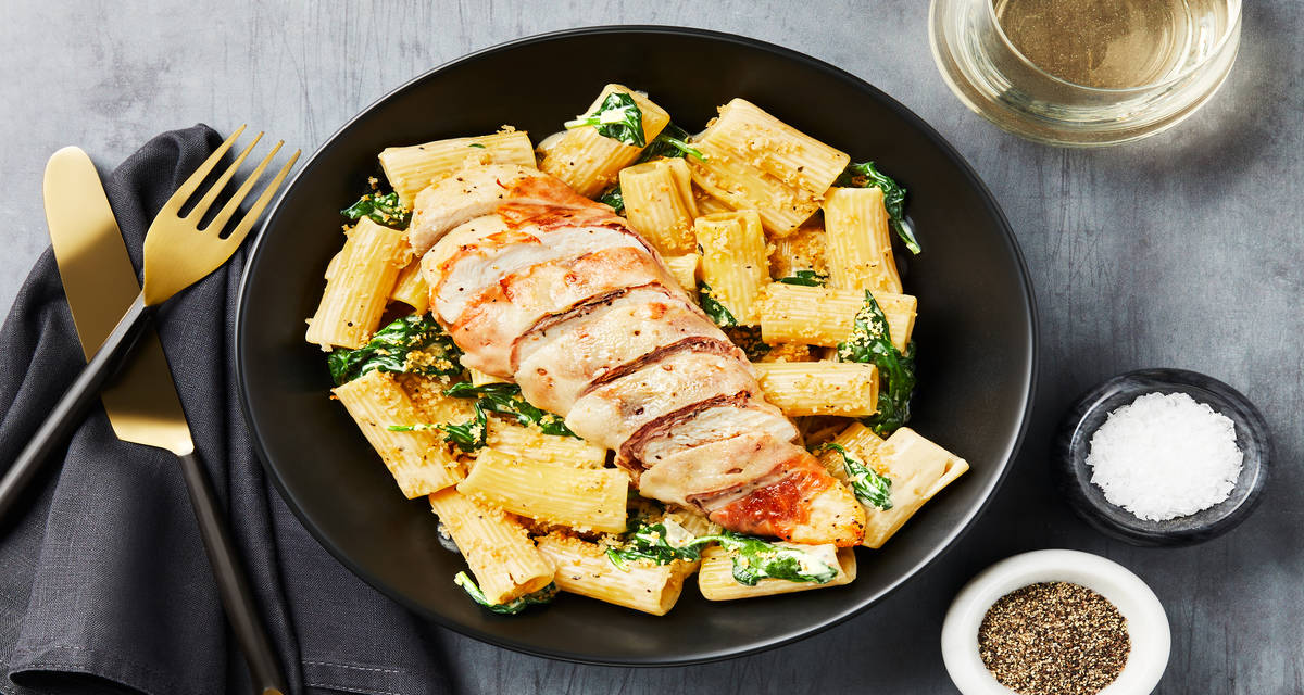 Prosciutto-Wrapped Swiss Chicken with Creamy Rigatoni, Spinach & Toasted Panko
