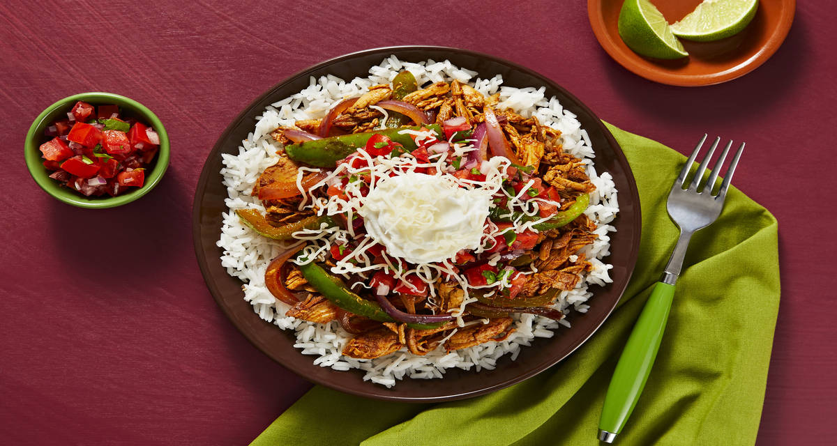Pulled Chicken Rice Bowls with Tomato Salsa and Monterey Jack Cheese