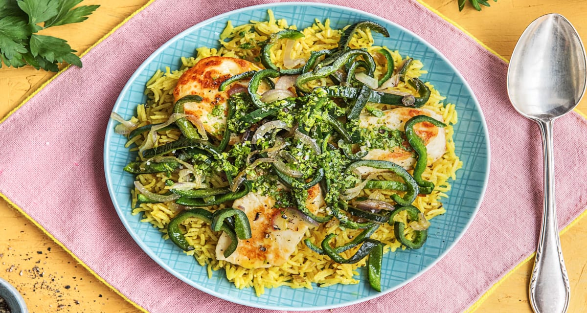 Queso Frito Rice with Grilling Cheese, Charred Poblanos, and Salsa Verde-image