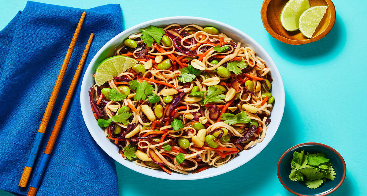 Rainbow Thai Noodle Toss with Edamame, Chili Sauce, Peanuts & Cilantro