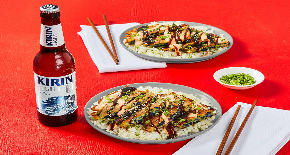 Red Cabbage Okonomiyaki Fritters with Ginger Rice, Hoisin & Spicy Mayo