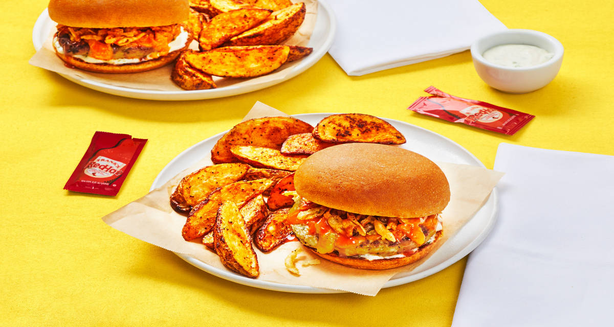 Red Hot Cheddar Turkey Burgers with Blue Cheese Sauce, Crispy Fried Onions & Seasoned Potato Wedges