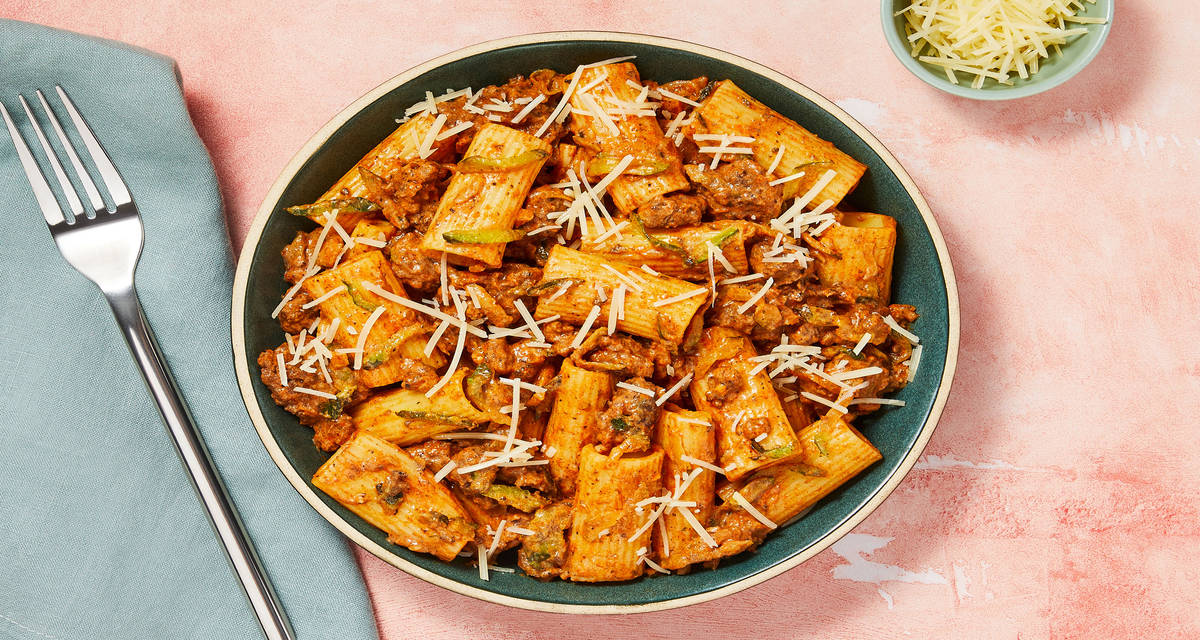 Rigatoni with Beef & Zucchini Ragù plus Parmesan Cheese
