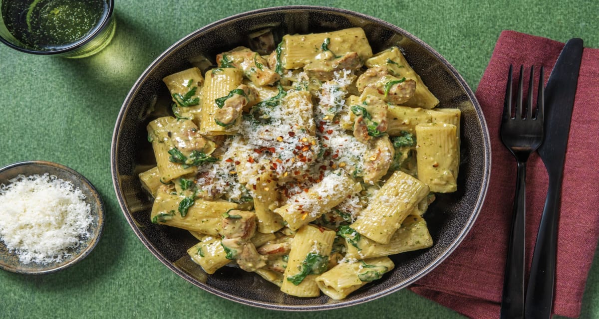 Creamy Pesto Pork Rigatoni with Spinach and Parmesan-image