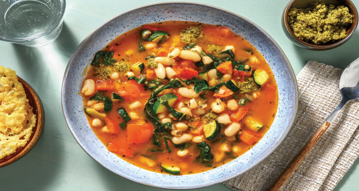 Roast Veggie Minestrone with Basil Pesto & Parmesan Crisps-image
