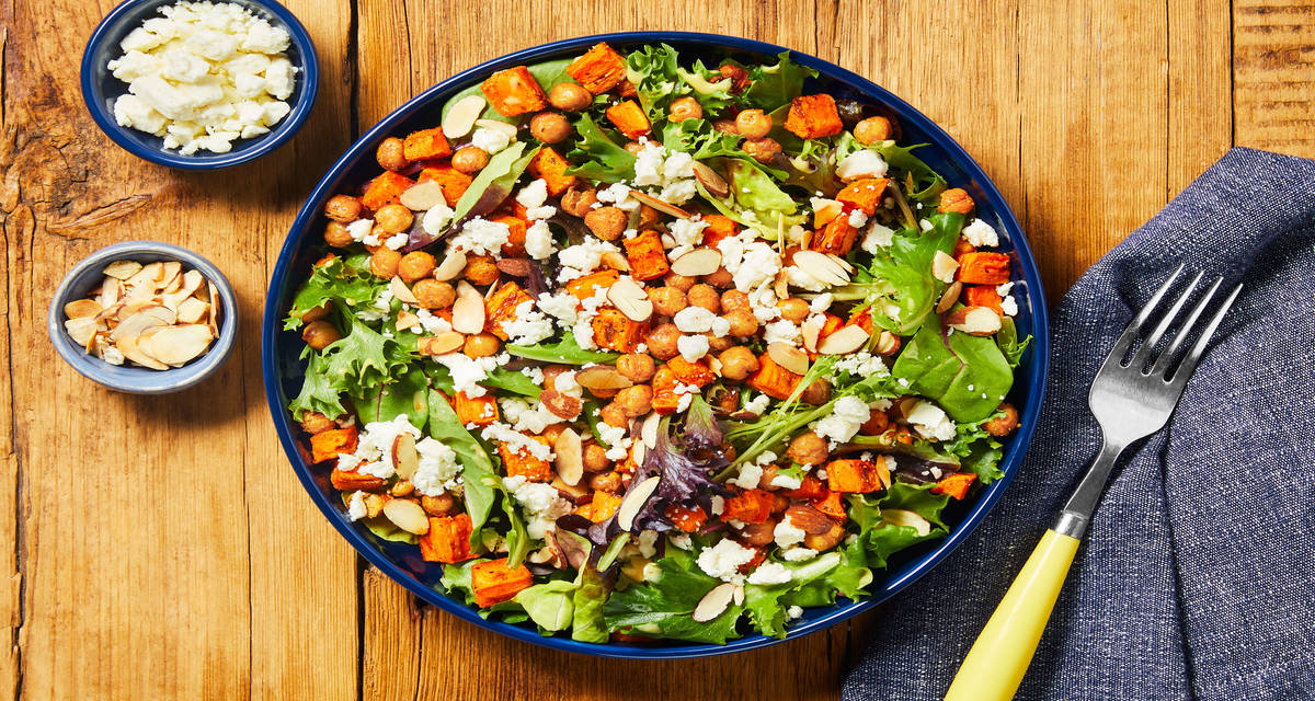 Roasted Chickpea & Carrot Salad with Honey Dijon Dressing, Feta & Toasted Almonds