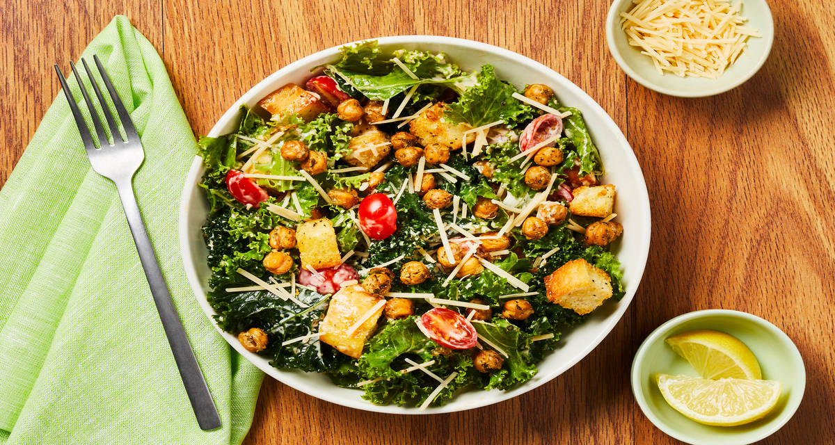 Roasted Chickpea & Kale Salad with Grape Tomatoes & Garlicky Croutons