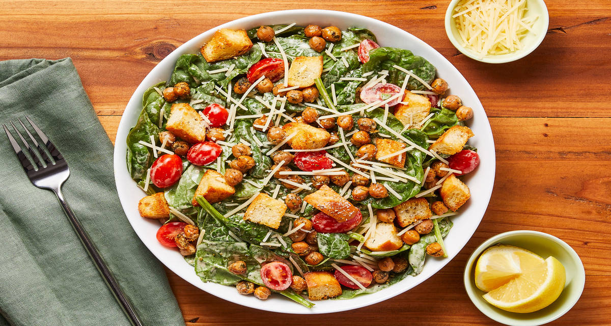 Roasted Chickpea & Spinach Salad with Grape Tomatoes & Garlicky Croutons