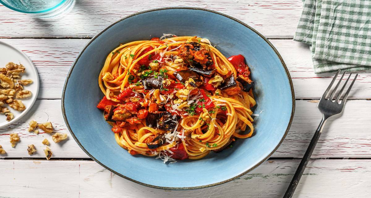 Roasted Pepper and Aubergine Linguine Recipe HelloFresh