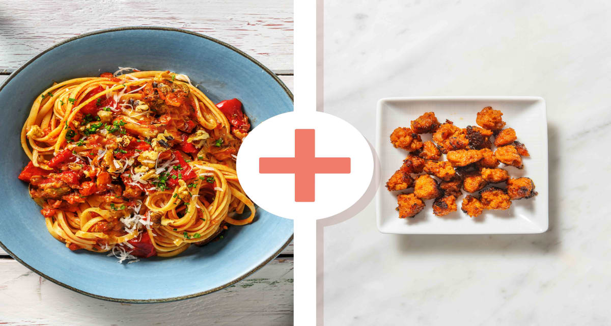 Roasted Pepper, Mushroom and Chorizo Linguine with Walnuts and Chives-image