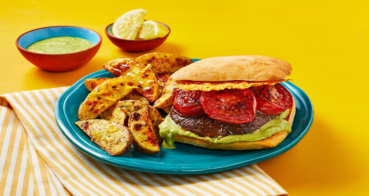 Roasted Portobello Sandwiches with Pesto Mayo, Parm Frico & Zesty Potato Wedges