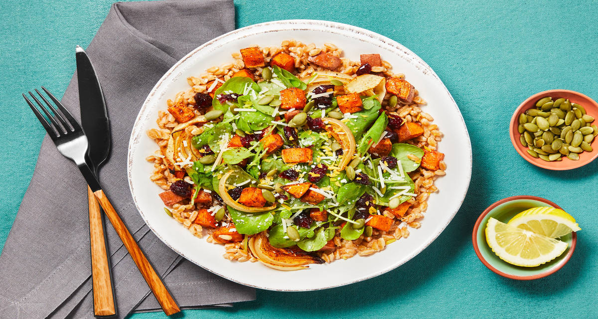 Roasted Sweet Potato Farro Bowls with Marinated Cranberries & Pepitas