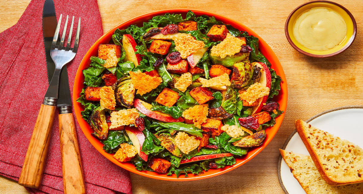 Roasted Veggie Kale Salad with Parm Frico & Garlic Ciabatta