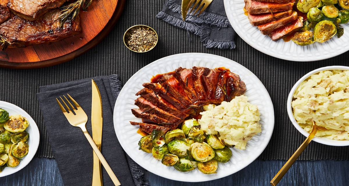 Rosemary Mustard Sirloin Steaks with Garlic Mashed Potatoes and Roasted Brussels Sprouts