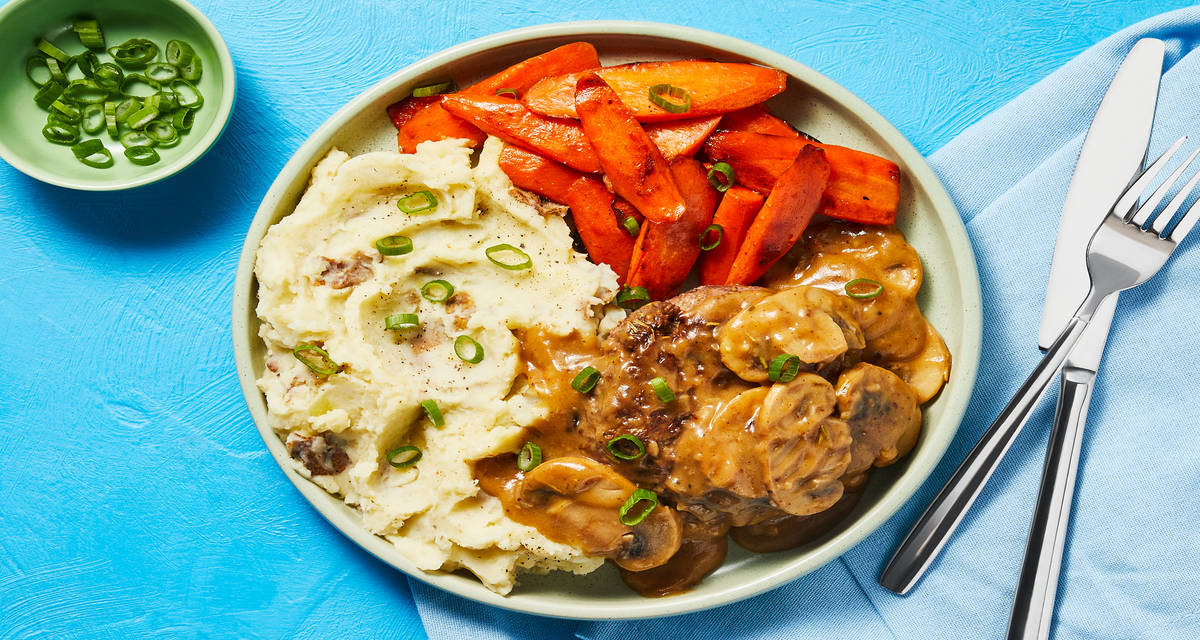 Salisbury Steak with Mushroom Gravy plus Garlicky Mashed Potatoes & Carrots