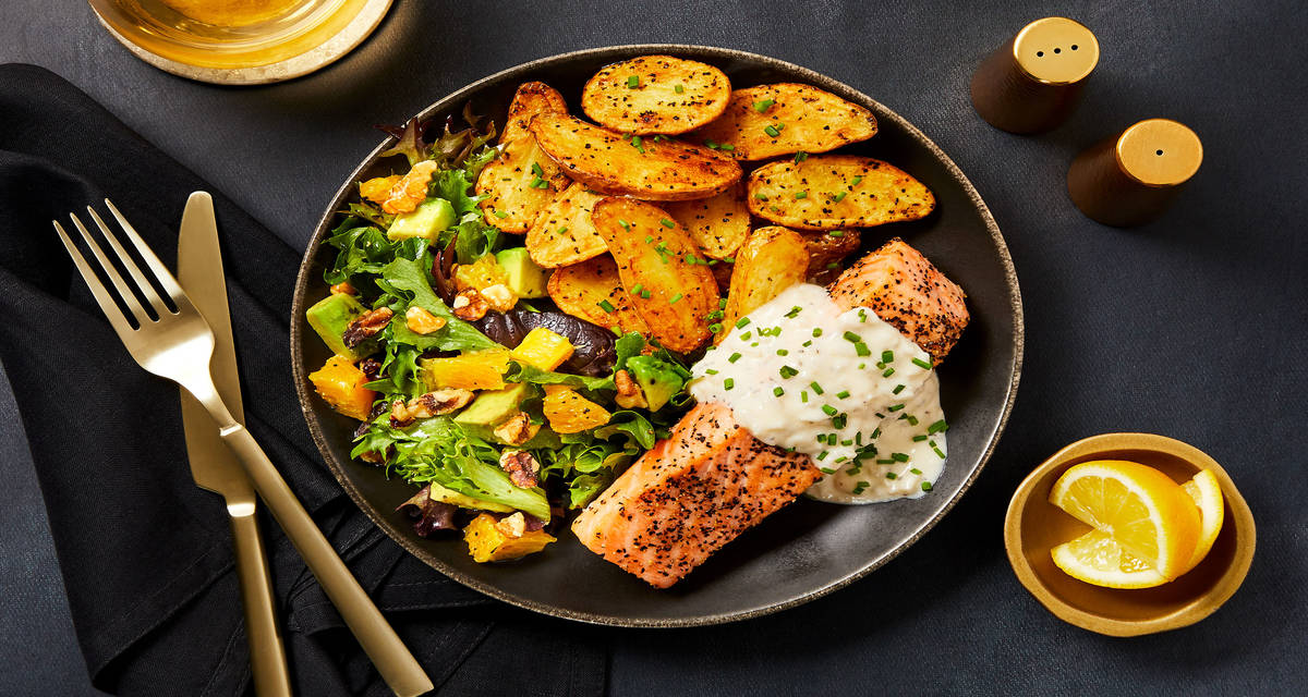 Salmon in Lemon Beurre Blanc Sauce with Chive Roasted Fingerling Potatoes & Avocado Orange Salad
