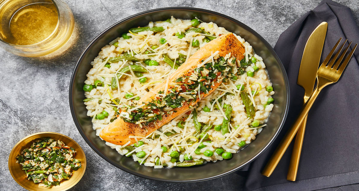 Salmon over Risotto Primavera with Green Beans, Almond Gremolata & Lemon