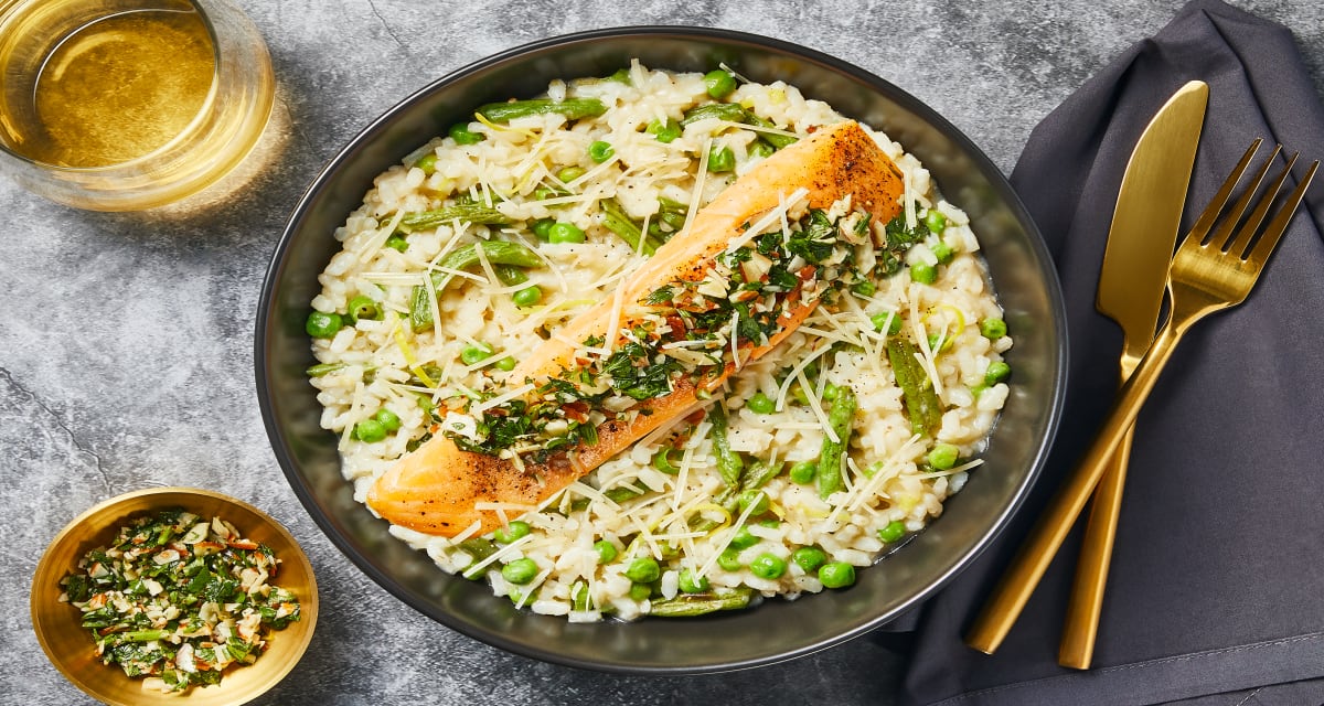 Salmon over Risotto Primavera with Green Beans, Almond Gremolata & Lemon-image