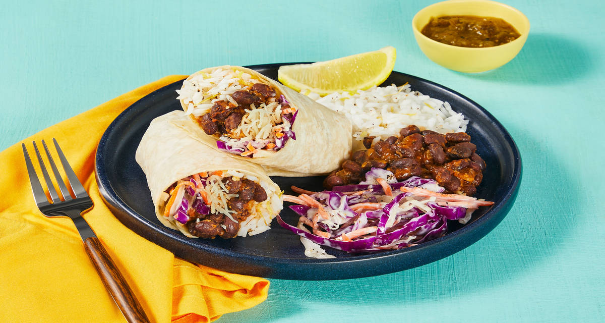 Salsa Verde Black Bean Burritos with Jasmine Rice & Slaw