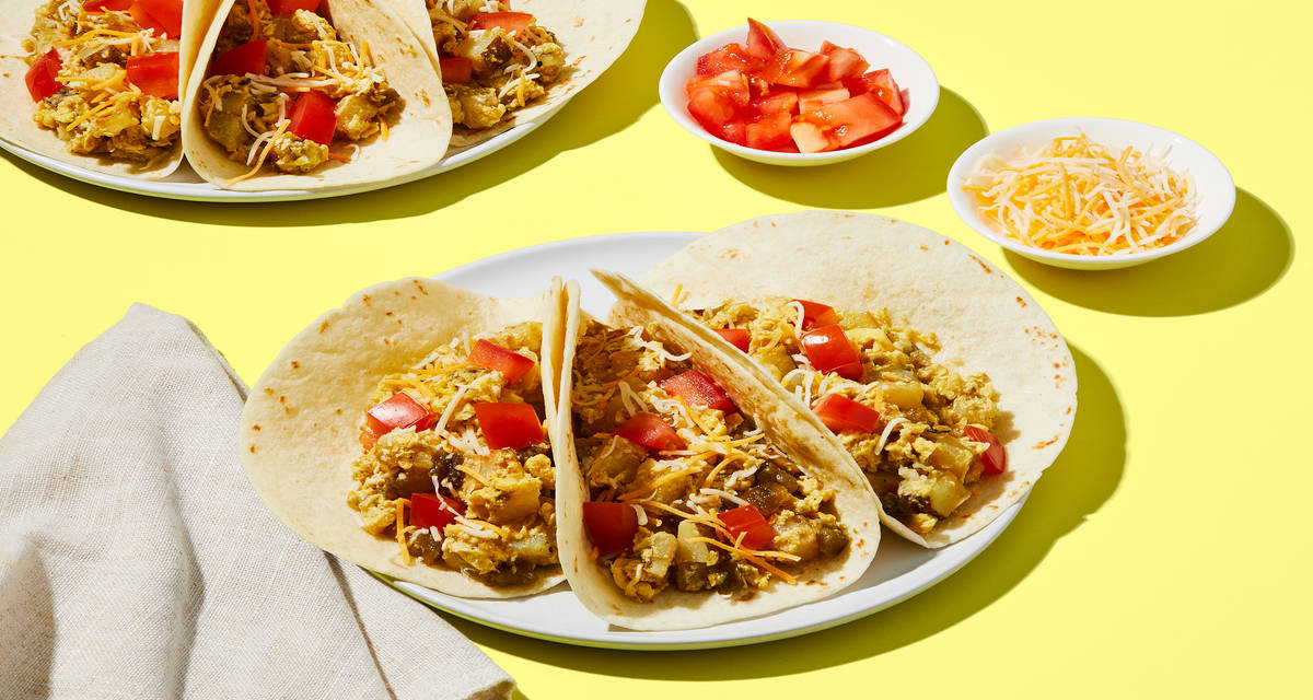 Salsa Verde Breakfast Tacos with Eggs, Potatoes, & Mexican Cheese Blend