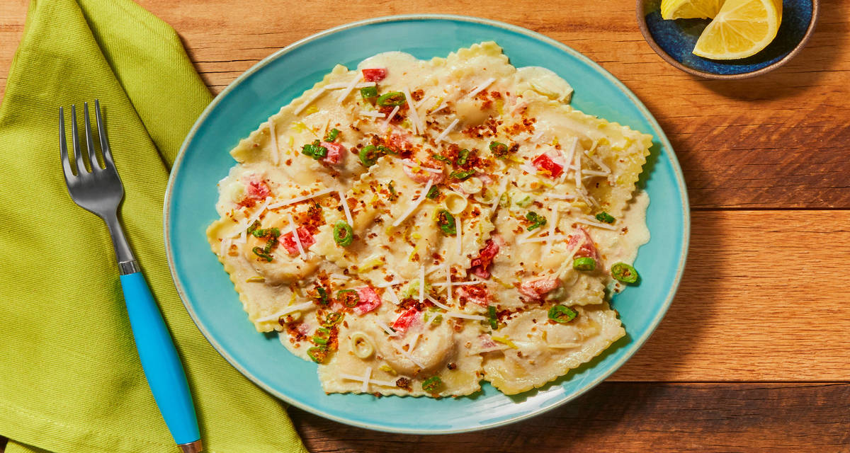 Saucy Chicken Romesco Filled Ravioli with Parmesan & a Lemony Panko topping