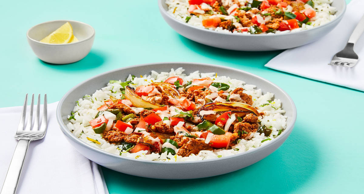 Saucy Turkey Burrito Bowls with Cilantro Citrus Rice, Charred Poblano, Salsa Fresca & Smoky Crema