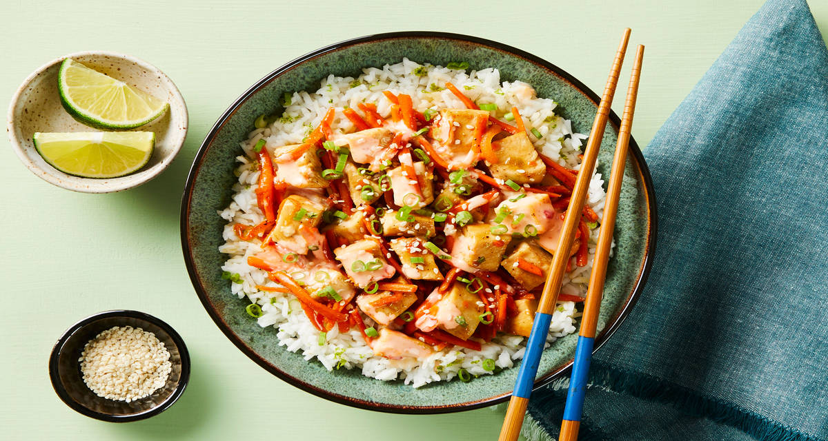 Saucy Sesame Chicken Stir-Fry with Lime Rice & Sriracha Lime Mayo