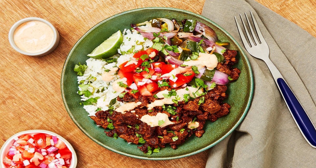 Saucy Steak Burrito Bowls with Charred Poblano, Smoky Crema, Salsa Fresca & Cilantro-Lime Rice